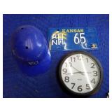 Clock, kansas licence plate,kc helmet