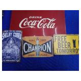 Coca cola sign and 3 vintage metal signs