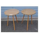 Pair Small Round Side Tables, Glass Top, Wood Legs