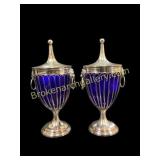 Pair German Cobalt and Silver Chestnut Urns