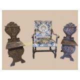 Baroque Armchair & 2, Italian Sgabello Chairs