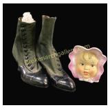Vintage High Top Shoes, Baby Head Vase