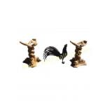 Carved Fish Stands & Metal Rooster Set