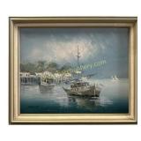 Vintage Oil Painting of Boats in Harbor