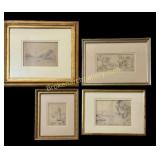 4 Framed Antique Drawings