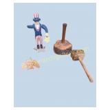 2 Folk Art Carvings & 2 Mashers