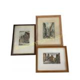 Three vintage  hand-colored etchings