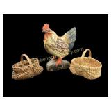 Folky Carved Rooster, 2 Woven Egg Baskets