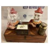 Wooden Box With Clown Figures and Accessories
