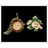 Capodimonte Table Flower, Peacock Table Clock
