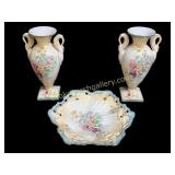 Pair Porcelain Mantel Urns, Console Bowl