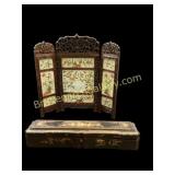 Chinese Carved Jade Table Screen, Lacquered Fan