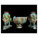 Pair Majolica Vases and Nautilus Bowl