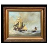 Maritime Painting with Ships on Choppy Water