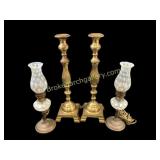 Pair Brass Candlesticks , Fenton Table Lamps