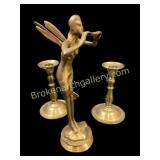 Brass Statue, Pair Brass Candlesticks