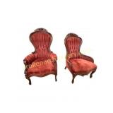 His and Hers Carved Walnut Parlor Chairs