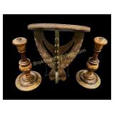 Folky Wall Shelf, Pair Painted Candlesticks