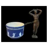 Adams Jasperware Jardiniere, Bronze Figure