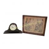 Mantel Clock and Framed Victorian Art
