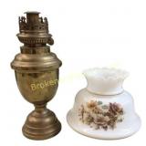 Heavy Brass Oil Lamp with Floral Glass Shade