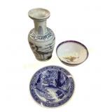 Blue and White Ceramic Vase and Plates