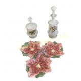 Hand-Painted Milk Glass and Floral Dish Set