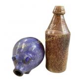Stoneware Bottle and Blue Art Pottery Pig