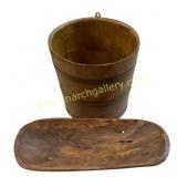 Wooden Bucket and Carved Dough Bowl