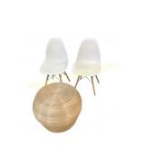 Eames Style White Chairs with a Wooden Drum Table