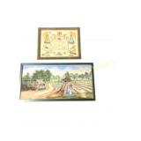 Framed Folk Art and Painted Cotton Field Scenes