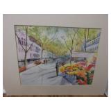 Watercolor of French flower stand, unsigned