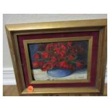 Acrylic painting of tulips in vase signed Janet