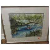 Watercolor of boy fishing signed Graham