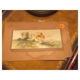 Small watercolor of church by stream