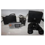 2 Vintage Cameras, 1 Radio & Binoculars: