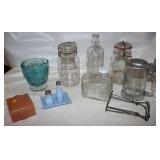 Vintage Blue Glass, Salt & Pepper Tray Set &