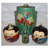 2 Kimono Girl Containers, Vtg. Flower Cookie Jar &