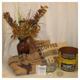3 Coffee Bean Bags, Vase w/ Flowers &