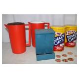 2 Vintage Quaker Oats Tins & 2 Adver. Pitchers &