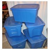 5) 20 Gal. Blue Plastic Storage Totes w/ Lids