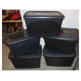 5) 20 Gal. Black Plastic Storage Totes w/ Lids