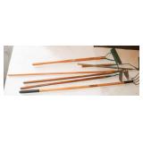 Yard tools: 2 Hoes, 2 forks, Sidewalk Edger &