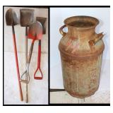 Metal Milk Can w/ 4 Shovels: