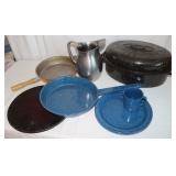 West Bend Frying Pan, Pizza Stone, Enamel Ware &