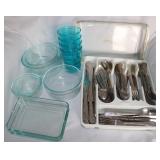 Nesting Pyrex Bowls, Plated Flatware &