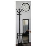 Clock, Coat/Umbrella Rack & Mirror;