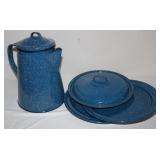 Blue Enamel: Teapot, 2 Plates, & 9.5' Lid