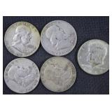 4 Franklin & 1 Kennedy Half Dollar Coins: