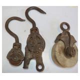3 Vintage Pulleys: Metal w/ Wood 6' Pulley &